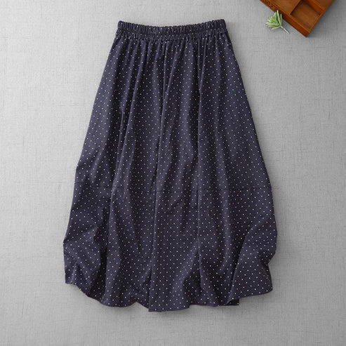 Vintage Polka Dot Cotton Linen Skirt for Women, Summer New Versatile Slimming Elastic Waist A-Line Midi Skirt