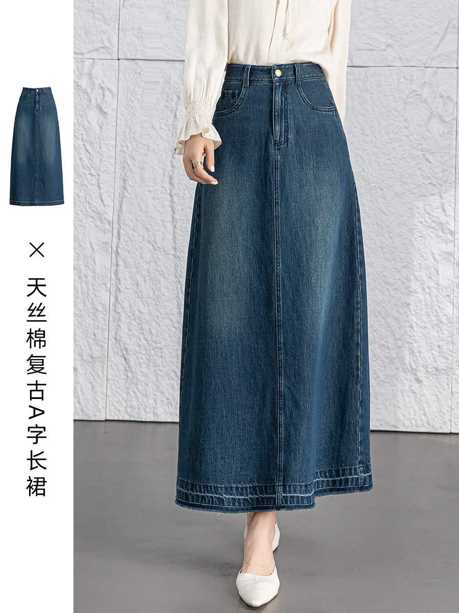 Xinge High Waist Retro Tencel Denim Skirt Spring New Slimming Split Rouge Dress for Children