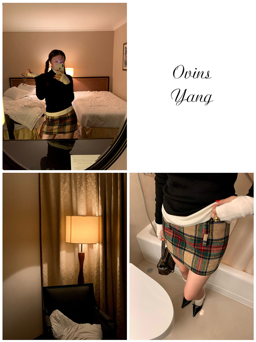 [Order Model]Ovinsyang Woolen Short Skirt Plaid Skirt Women's Autumn and Winter Preppy Style A-Line Hip Skirt