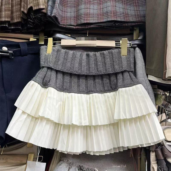 Designed Knitted Splicing Cake Skirt for Women Autumn and Winter New High-Waist Slimming Anti-Exposure Pleated Skirt