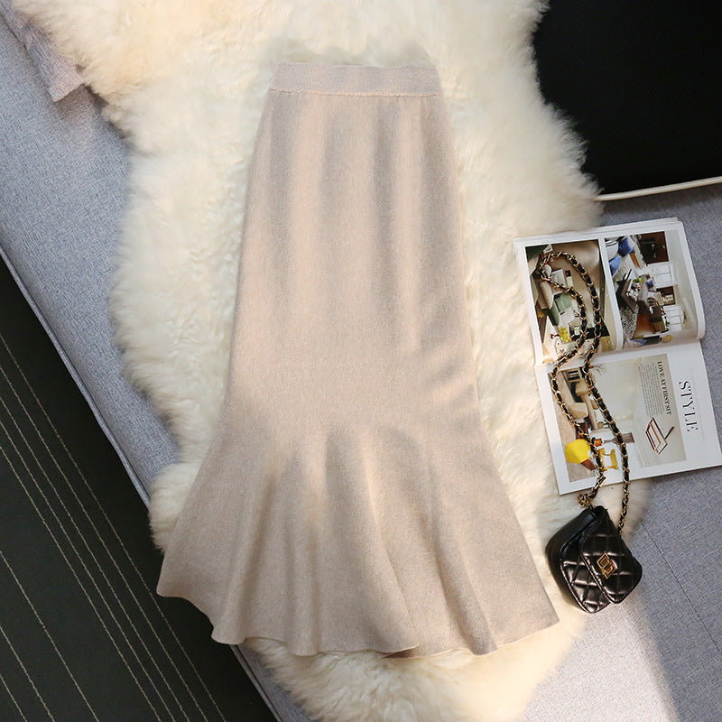 Long Knitted Fishtail Skirt Women's Autumn and Winter French Retro High Waist Sexy Wraped Hip Skirt Elegant Skirt