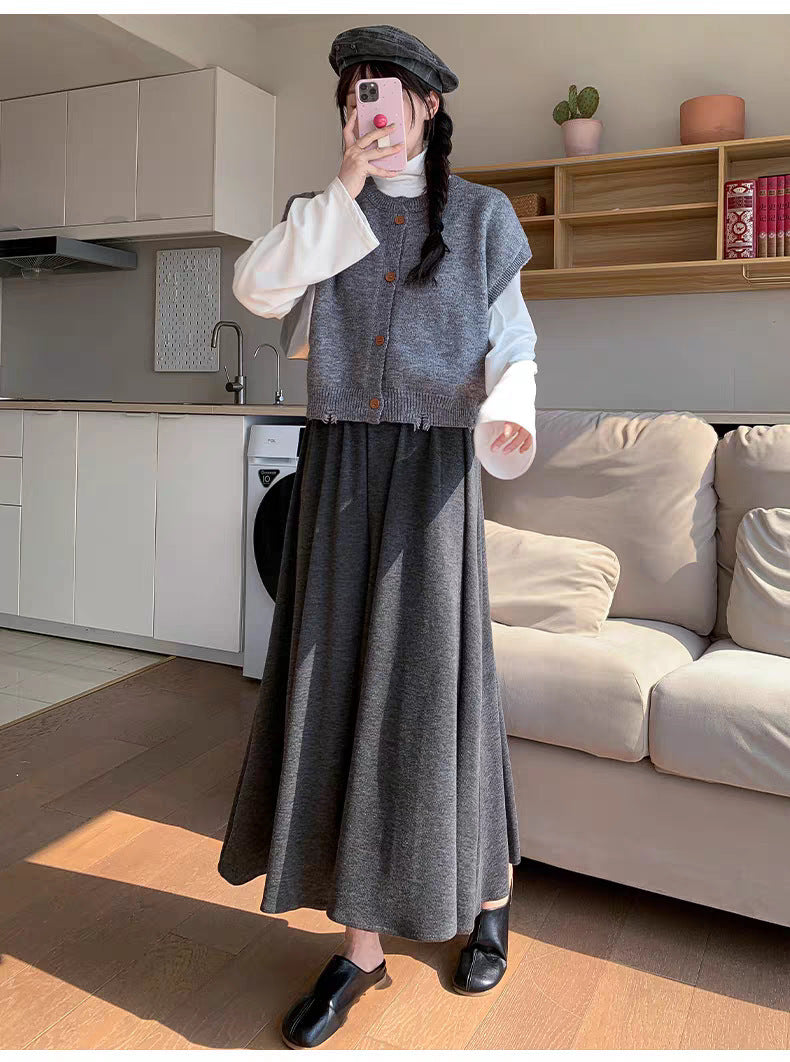 Black Glutinous Rice Culottes Women's Spring and Autumn New High Waist Dape Loose Casual Knitted Skirt for Small Men