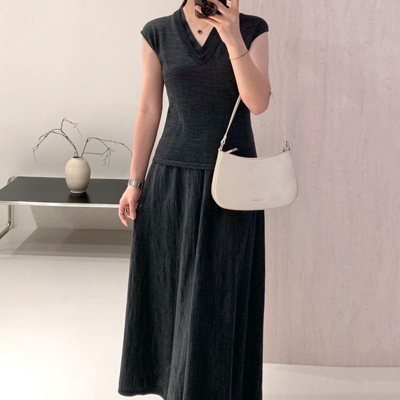 Elegant Imitation 100% Pure Wool Dress for Women, Summer 2025 New Style, Petite Waist-Cinching Slimming Long Dress