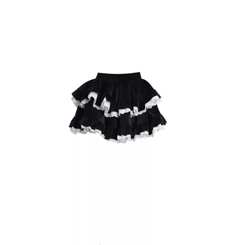 Velvet Ballet Design Lace Splicing Puffy Cake Autumn and Winter New Lotus Leaf High Waist Slimming Look Skirt