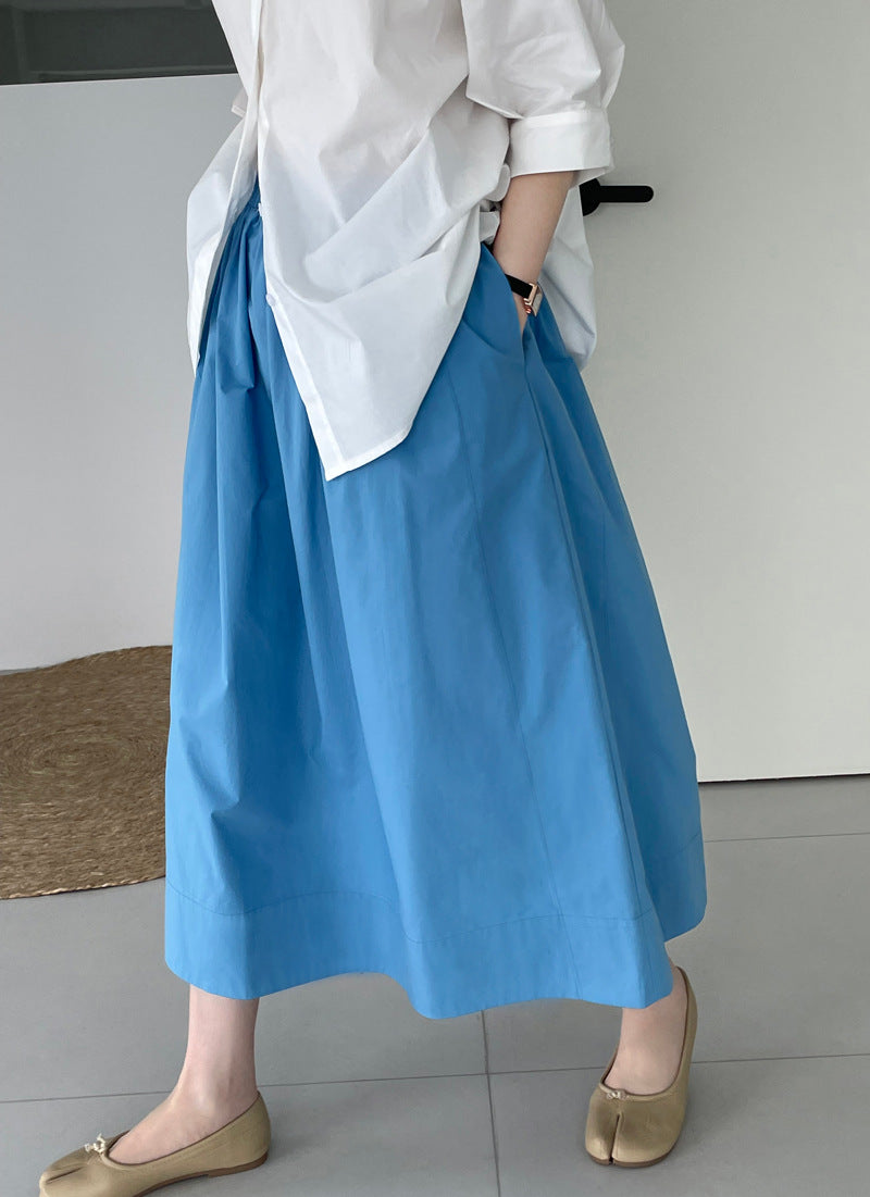 Taochuan Blue Skirt ~ High-End Elastic Waist Umbrella Skirt That Covers the Flesh and Makes You Look Slimmer, A-Line Midi Skirt for Women 2535 with a Large Skirt Hem