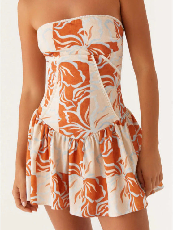 European and American New Amazon Hot Style Women's Pure Color Splicing Sexy and Playful Tube Top Backless Dress Short Skirt