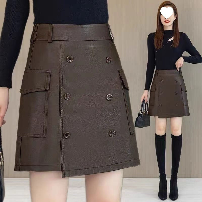 New Autumn and Winter Leather Skirt, Women's Buttoned High-Waist Slimming Look A-Line Skirt, Winter Sweater, Hip-Hugging Short Skirt