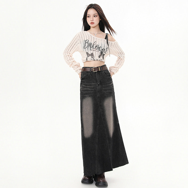 Versatile Fashion Patchwork Back Slit Denim Midi Skirt for Women, New Spring/Summer High-Waisted Vintage Frayed A-Line Skirt~