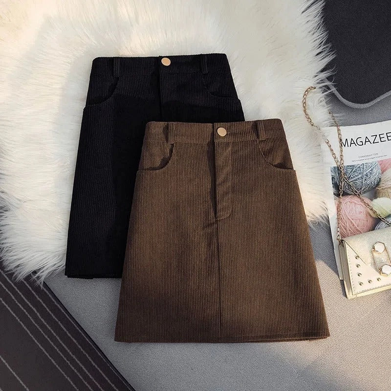 Black Corduroy Skirt Plus Size Fat mm Autumn and Winter Hip-Hugging Women's A-Line Skirt Slimming Look Versatile One-Step Skirt Short Skirt