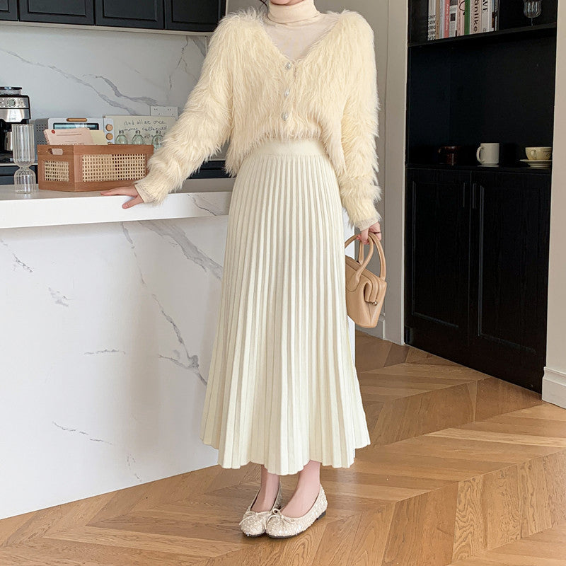 Autumn and Winter Knitted Skirt for Women, New Elegant, Versatile, Slimming Look, Thickeneded Long Skirt, A-Line Pleated Skirt, Extended Skirt