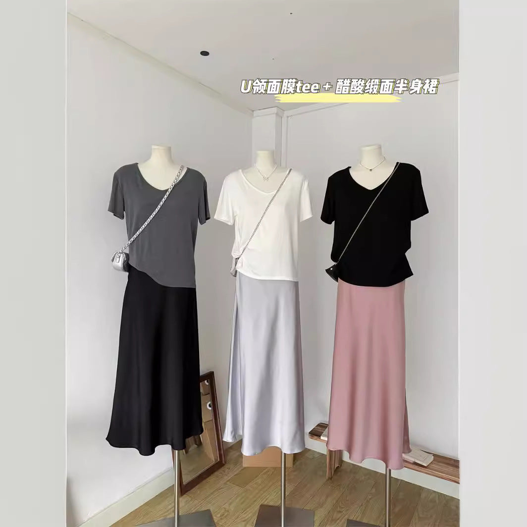 Spring and Summer New Style Relaxed Satin Fishtail Skirt High Waist Elastic Skirt A-Line Long Skirt for Women
