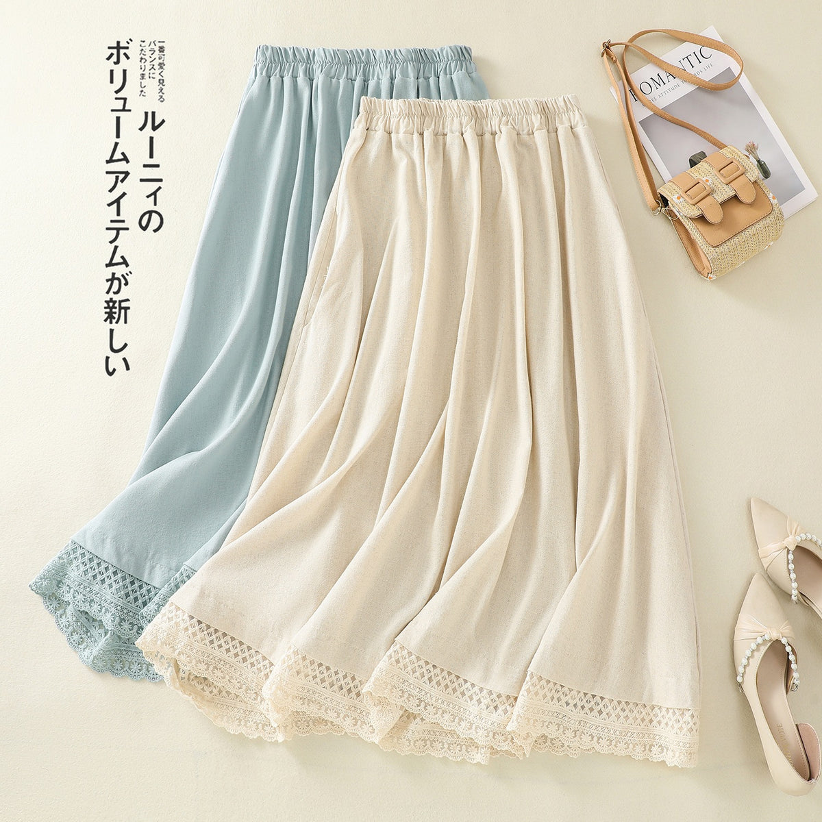 Real shot summer new cotton and linen skirt Japanese style retro all-match elastic waist slim A- line midi skirt for women