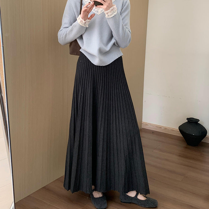 High-Waisted Slimming Mid-Length Thickened Pleated Knit Skirt for Women, Winter New Korean Style Casual A-Line Skirt