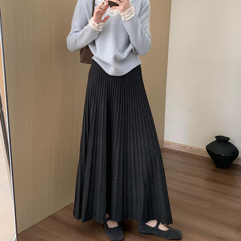 High-Waisted Slimming Mid-Length Thickened Pleated Knit Skirt for Women, Winter New Korean Style Casual A-Line Skirt