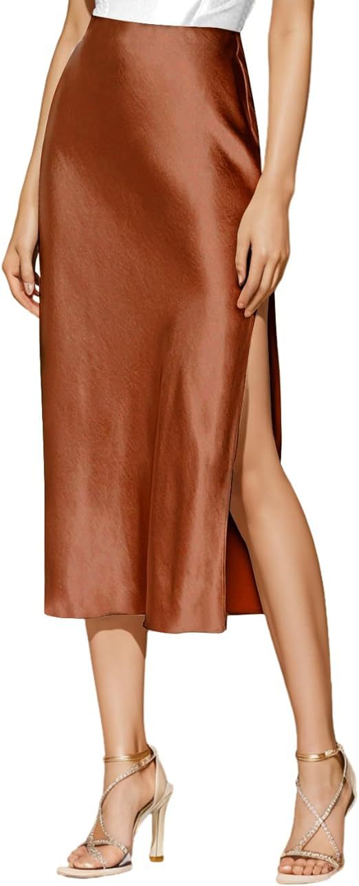 Cross-Border Amazon European and American Style Slit Satin Skirt Elastic High-Waisted Dress Slimming Fashionable Versatile