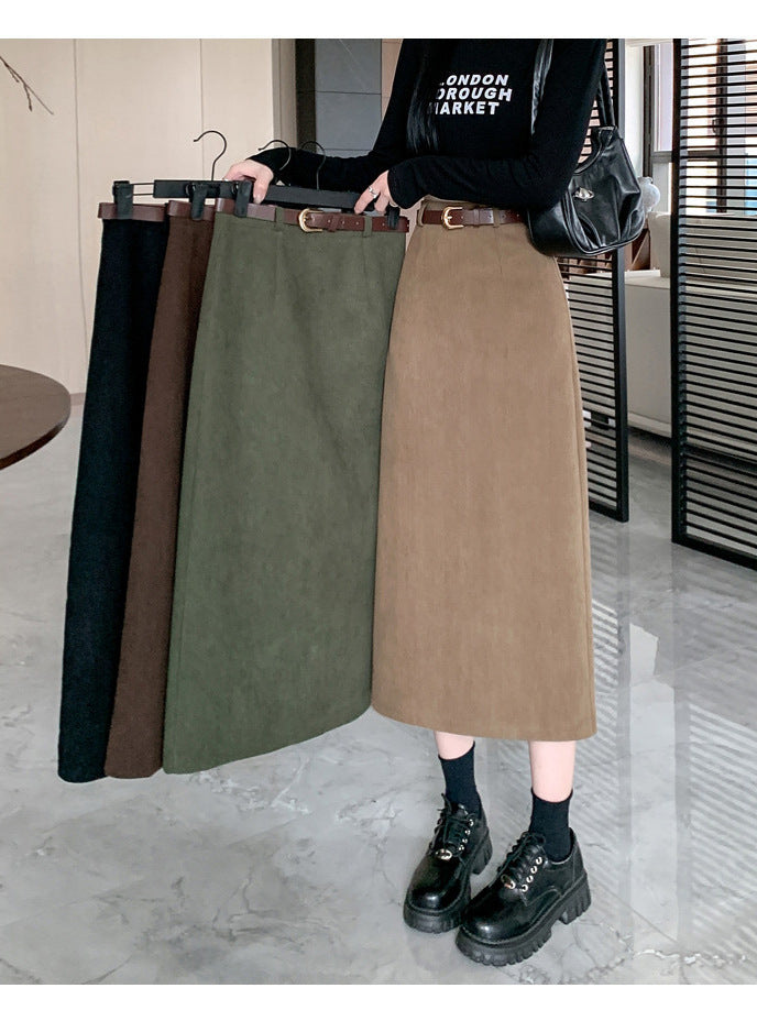 Corduroy Skirt Women's Spring, Autumn and Winter Elegant High Waist Slimming Look Slit Draped Mid-Length Straight A-Line Hip Skirt