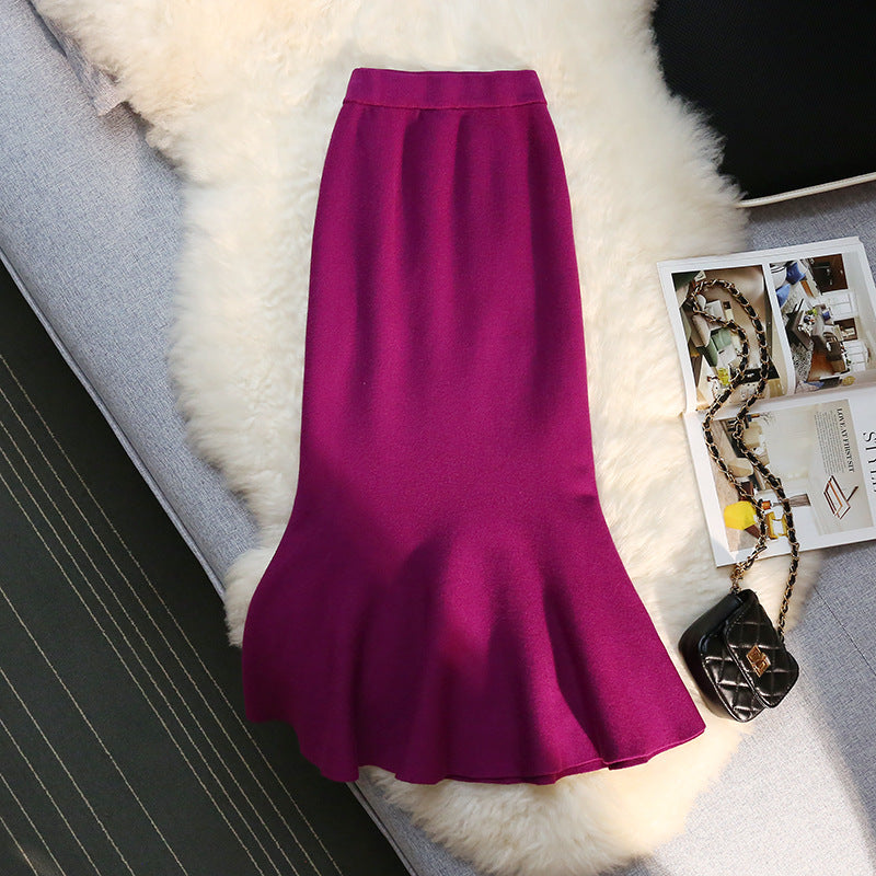Long Knitted Fishtail Skirt Women's Autumn and Winter French Retro High Waist Sexy Wraped Hip Skirt Elegant Skirt