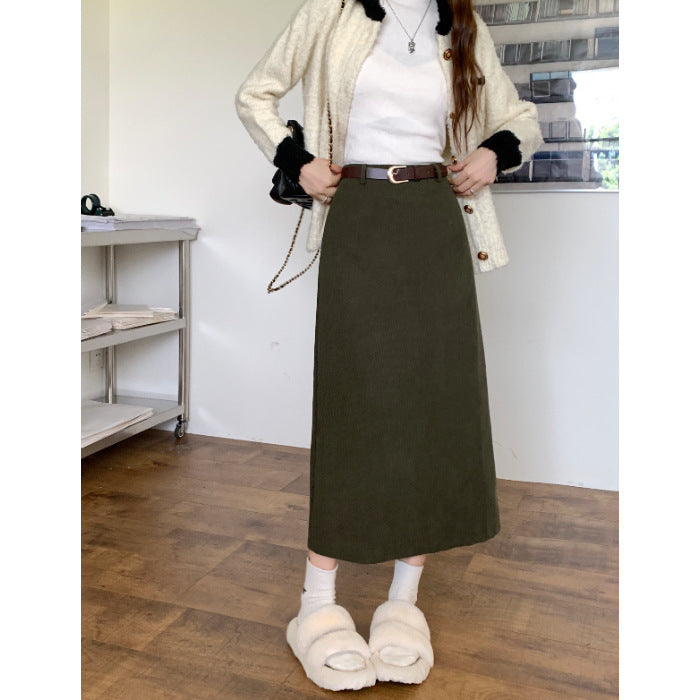 Corduroy Skirt Women's Spring, Autumn and Winter Elegant High Waist Slimming Look Slit Draped Mid-Length Straight A-Line Hip Skirt