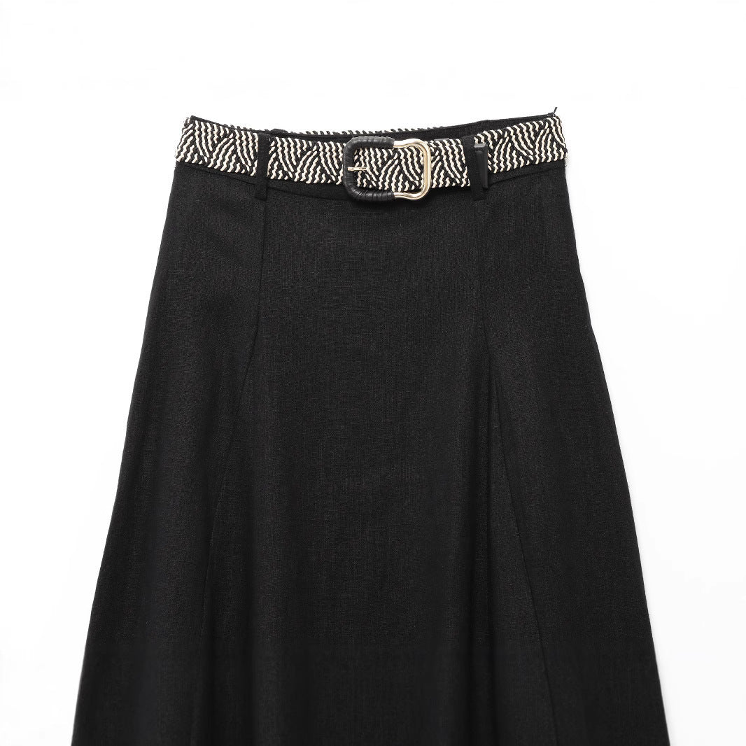European and American Style Women's Clothing New European and American Fashion Belted Linen Blend Midi Skirt 0387065