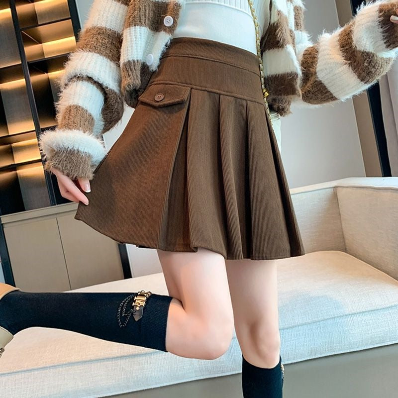 High-Waisted Pleated Skirt for Women, New Spring and Autumn Style, Hip-Covering A-Line Corduroy Short Skirt, Fashionable Niche Half Skirt
