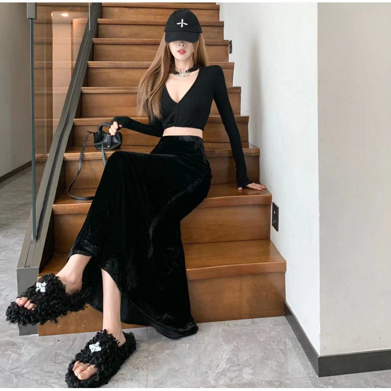 Japanese and Korean Trendyy Velvet Draped Fishtail Skirt Cross-Border Women's Autum New High-Waisted Skirt