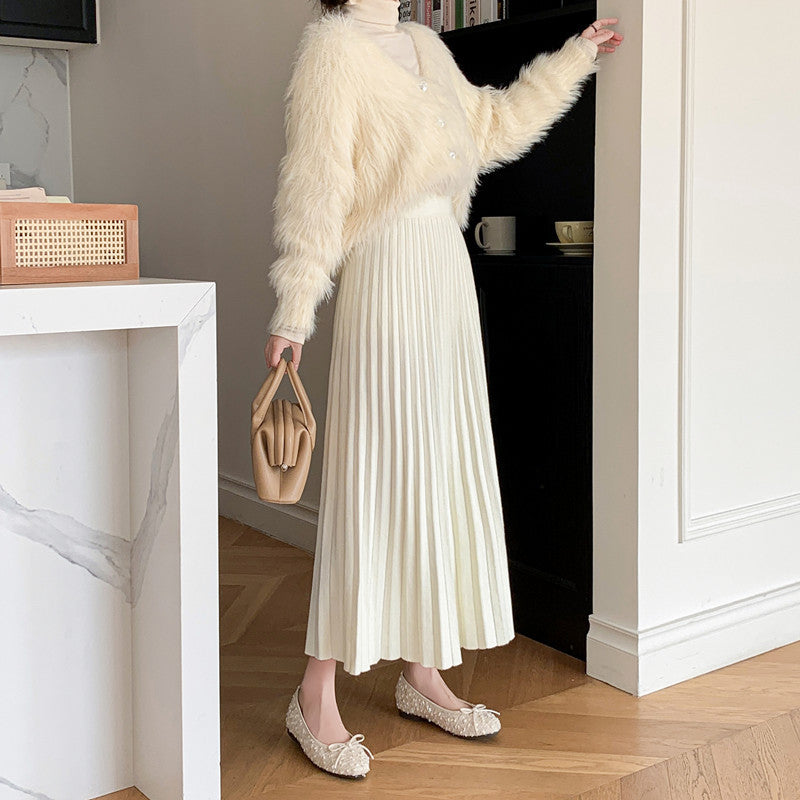 Autumn and Winter Knitted Skirt for Women, New Elegant, Versatile, Slimming Look, Thickeneded Long Skirt, A-Line Pleated Skirt, Extended Skirt