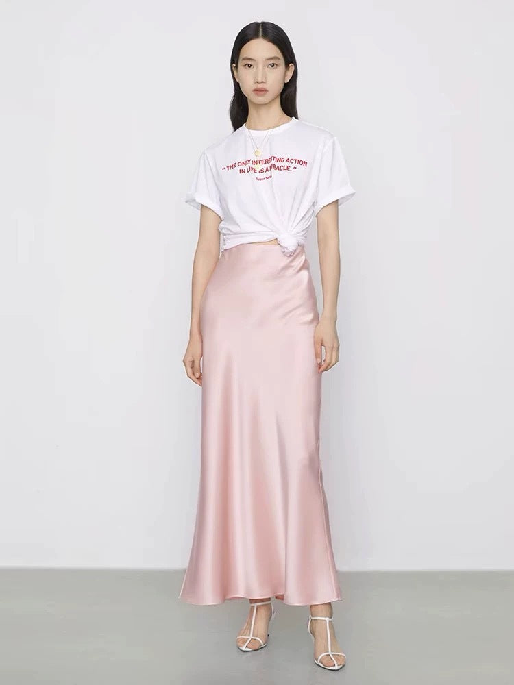 Imported Triacetate Satin 45 ° Bias-Cut Side Slit Extra-Long Floor-Length A-Line Fishtail Elastic Waist Skirt for Women