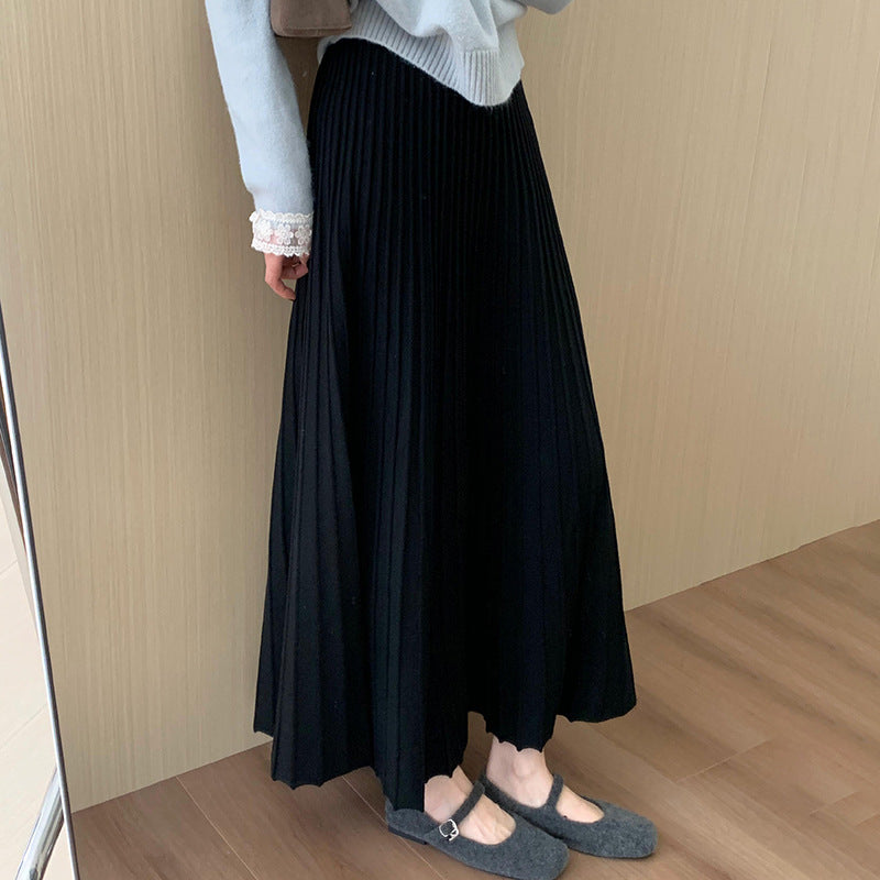 High-Waisted Slimming Mid-Length Thickened Pleated Knit Skirt for Women, Winter New Korean Style Casual A-Line Skirt