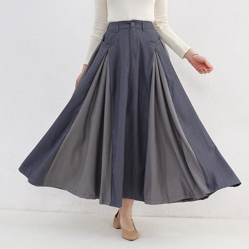 Autumn and Winter New High Waist Artistic Thickened Large Swing Skirt Women's Tight Waist Slimming Elegant Color-matching Knee-length Dress