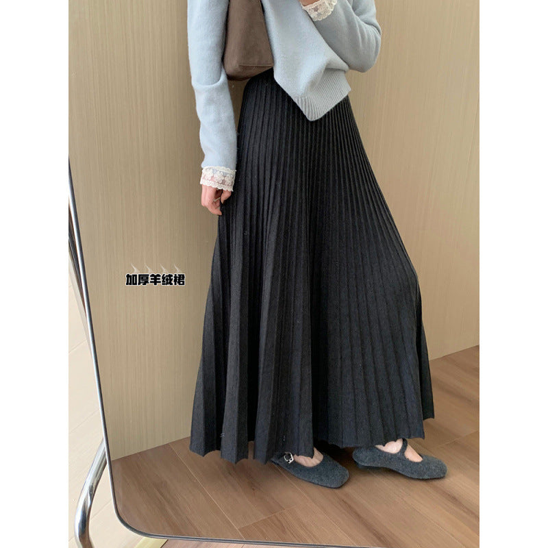 High-Waisted Slimming Mid-Length Thickened Pleated Knit Skirt for Women, Winter New Korean Style Casual A-Line Skirt