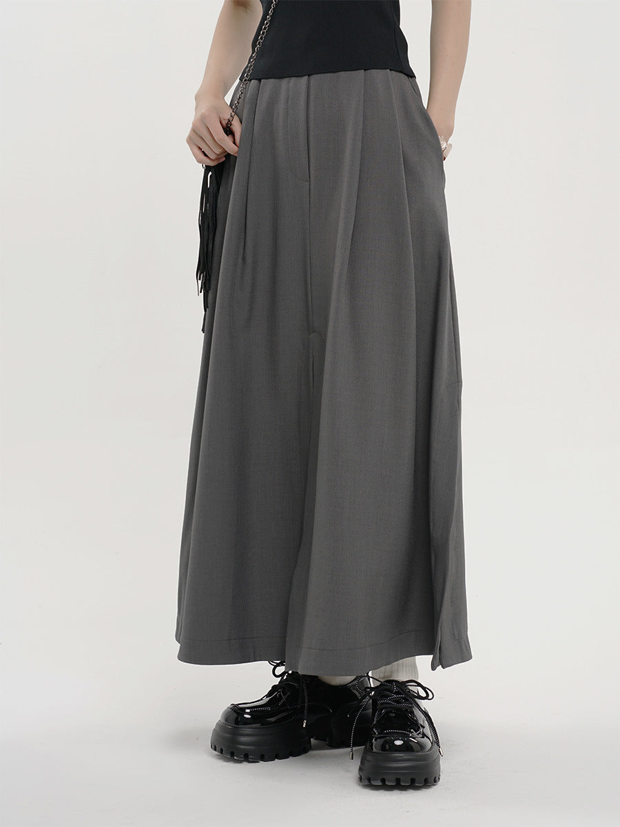Summer Yamamoto Korean Style Grey Suit Split High Waist Slim A- line Pleated Casual Draped Midi Skirt