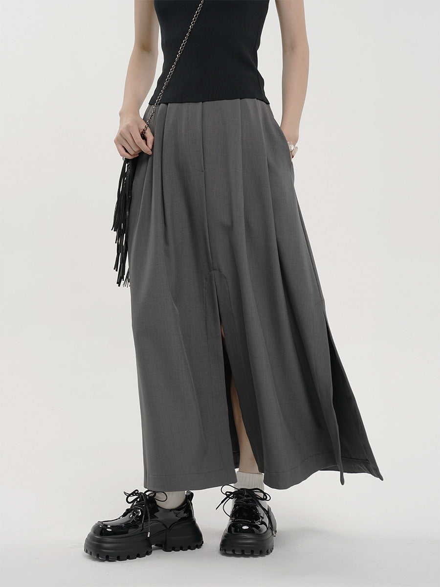 Summer Yamamoto Korean Style Grey Suit Split High Waist Slim A- line Pleated Casual Draped Midi Skirt