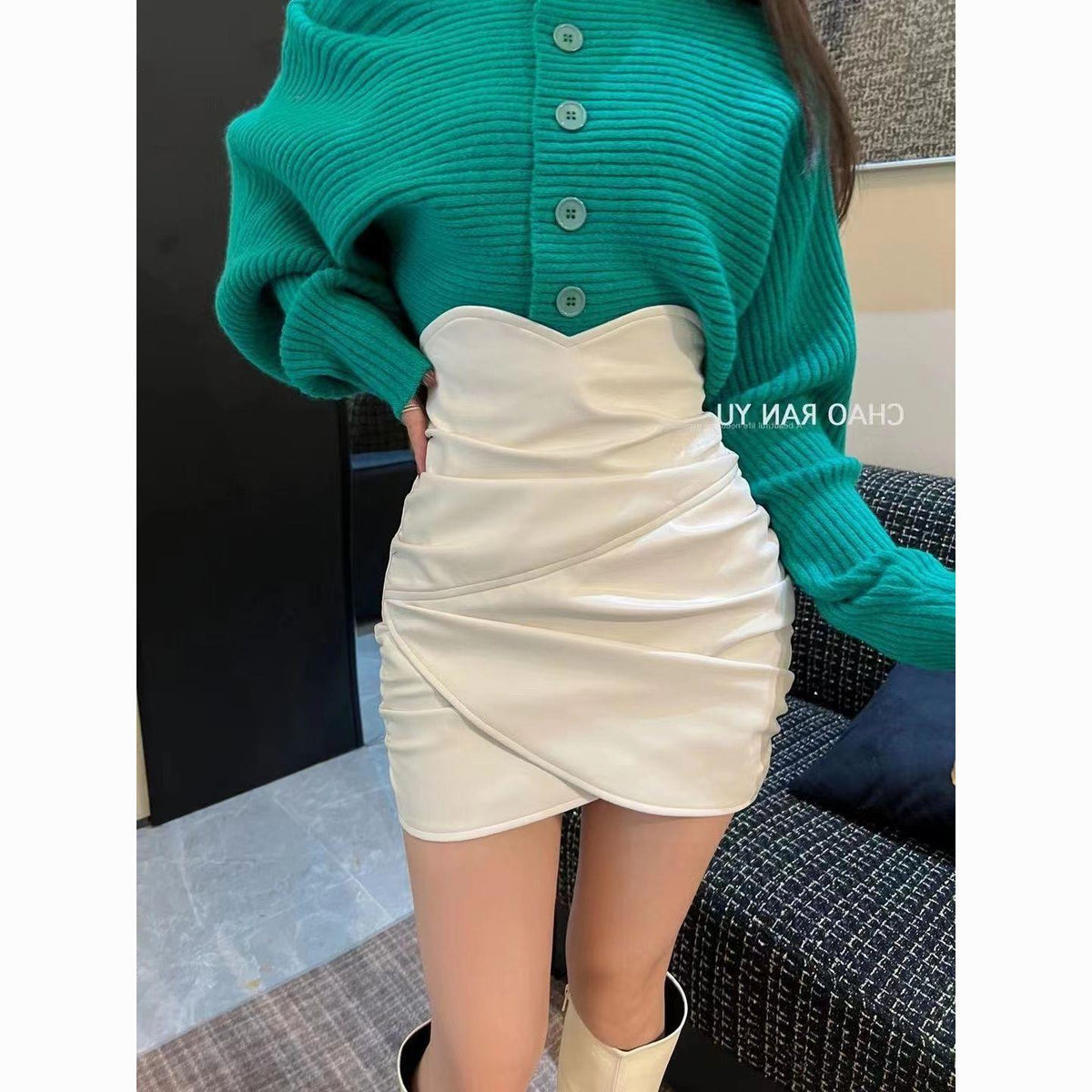 Short Leather Skirt Autumn and Winter New Sexy High Waist Pleated Asymmetrical Design Hip-covering A-line Skirt for Women ins