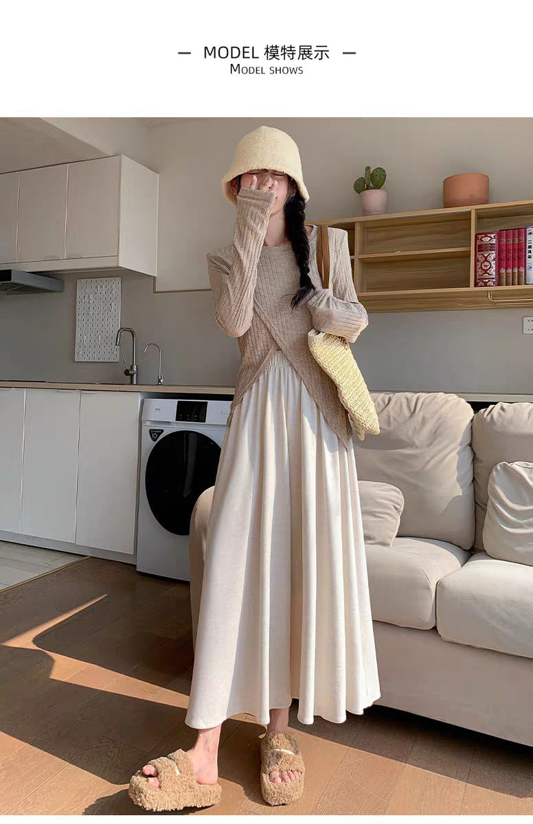 Black Glutinous Rice Culottes Women's Spring and Autumn New High Waist Dape Loose Casual Knitted Skirt for Small Men