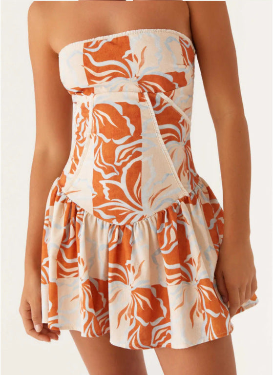 European and American New Amazon Hot Style Women's Pure Color Splicing Sexy and Playful Tube Top Backless Dress Short Skirt