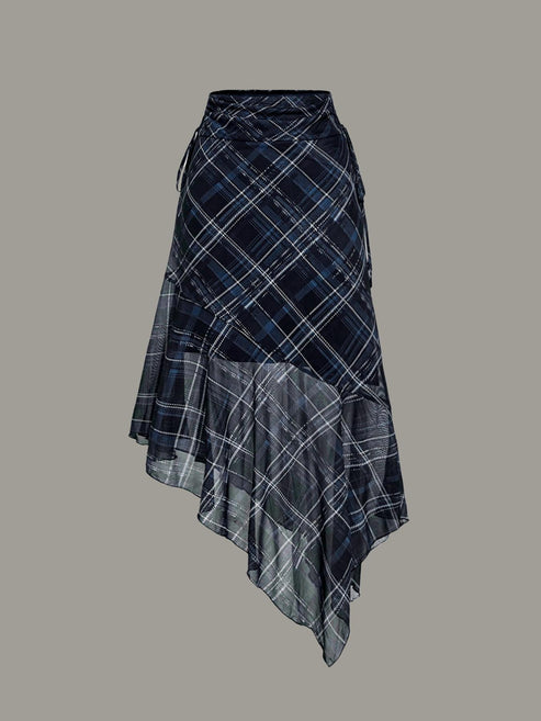 European and American Plaid Asymmetrical Retro Mesh Homecoming Wedding Party Elegant Casual Women's Skirt