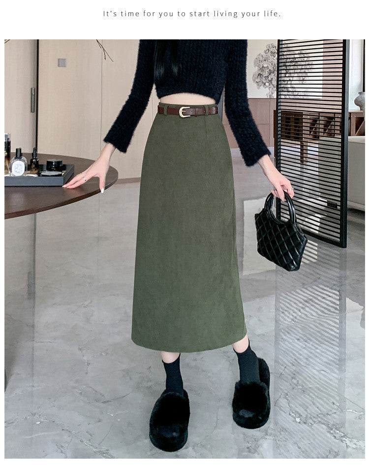 Corduroy Skirt Women's Spring, Autumn and Winter Elegant High Waist Slimming Look Slit Draped Mid-Length Straight A-Line Hip Skirt