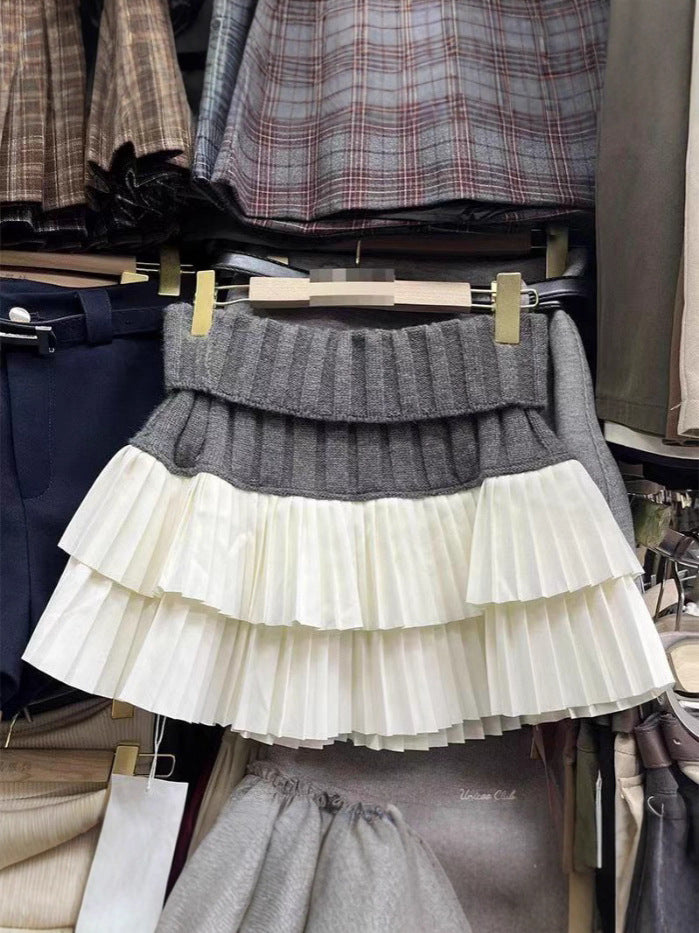 Designed Knitted Splicing Cake Skirt for Women Autumn and Winter New High-Waist Slimming Anti-Exposure Pleated Skirt