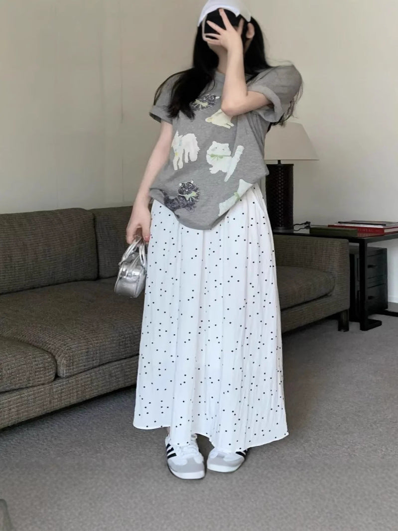 Fashionable Simple Wave Dot A- line Umbrella Dress Women's Summer New High Waist Slimming Sweet Elegant All-match Half-length Dress