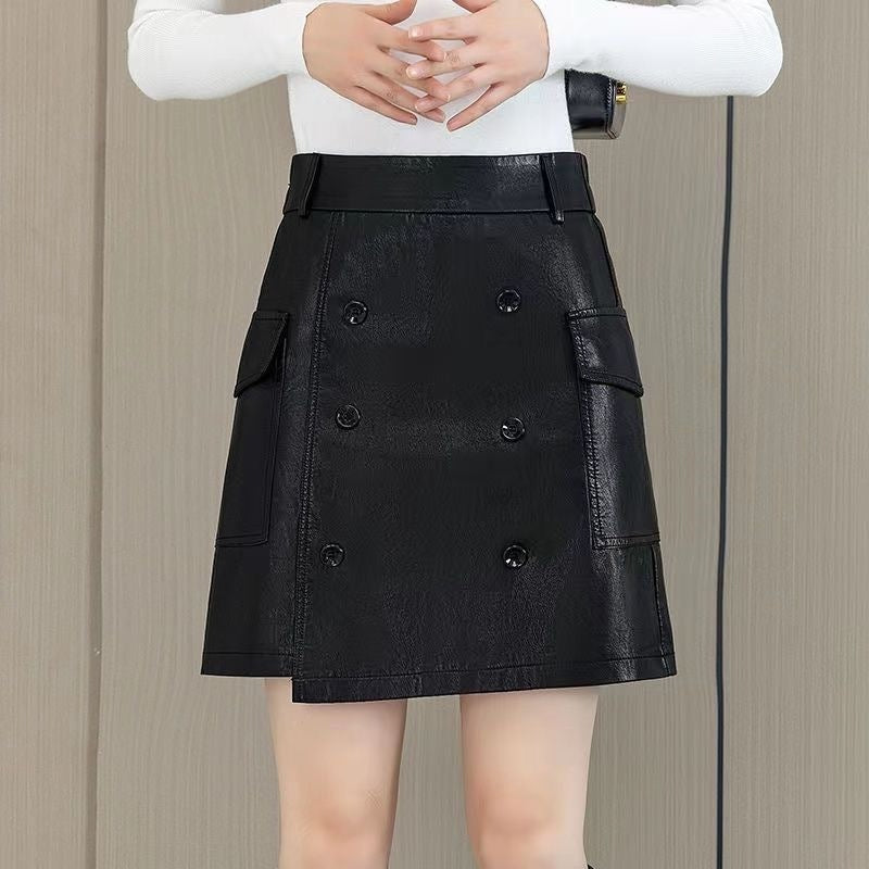 New Autumn and Winter Leather Skirt, Women's Buttoned High-Waist Slimming Look A-Line Skirt, Winter Sweater, Hip-Hugging Short Skirt