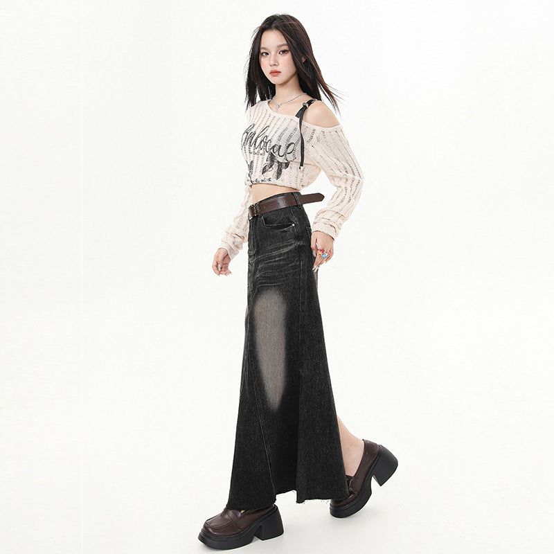 Versatile Fashion Patchwork Back Slit Denim Midi Skirt for Women, New Spring/Summer High-Waisted Vintage Frayed A-Line Skirt~