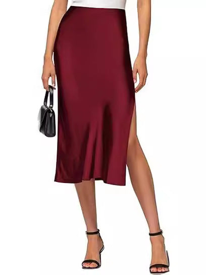 Cross-Border Amazon European and American Style Slit Satin Skirt Elastic High-Waisted Dress Slimming Fashionable Versatile