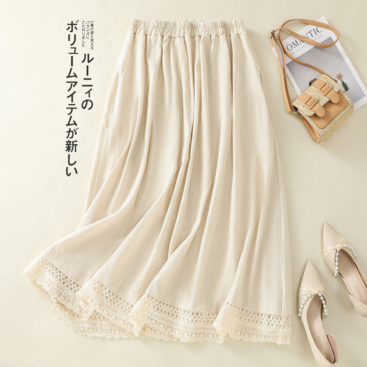 Real shot summer new cotton and linen skirt Japanese style retro all-match elastic waist slim A- line midi skirt for women