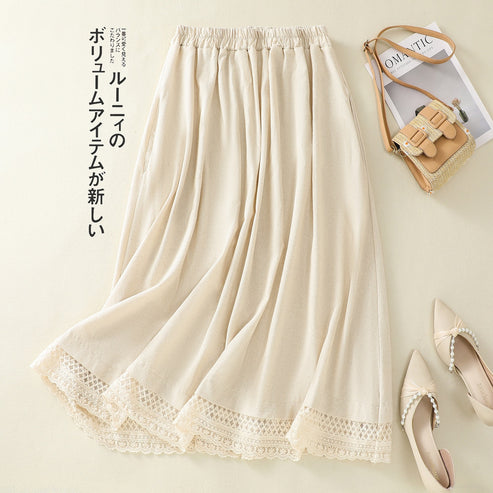 Real shot summer new cotton and linen skirt Japanese style retro all-match elastic waist slim A- line midi skirt for women