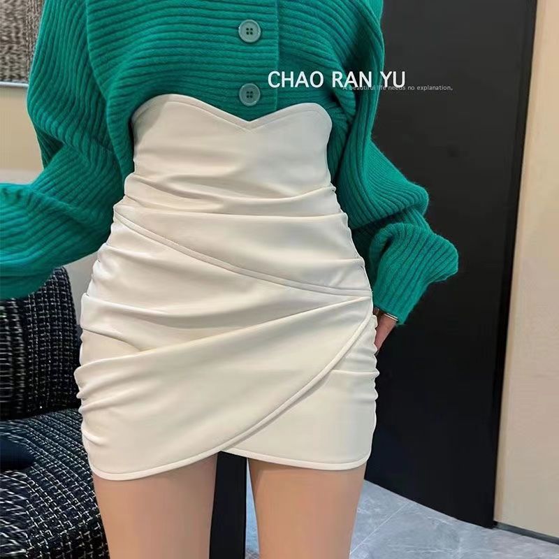 Short Leather Skirt Autumn and Winter New Sexy High Waist Pleated Asymmetrical Design Hip-covering A-line Skirt for Women ins