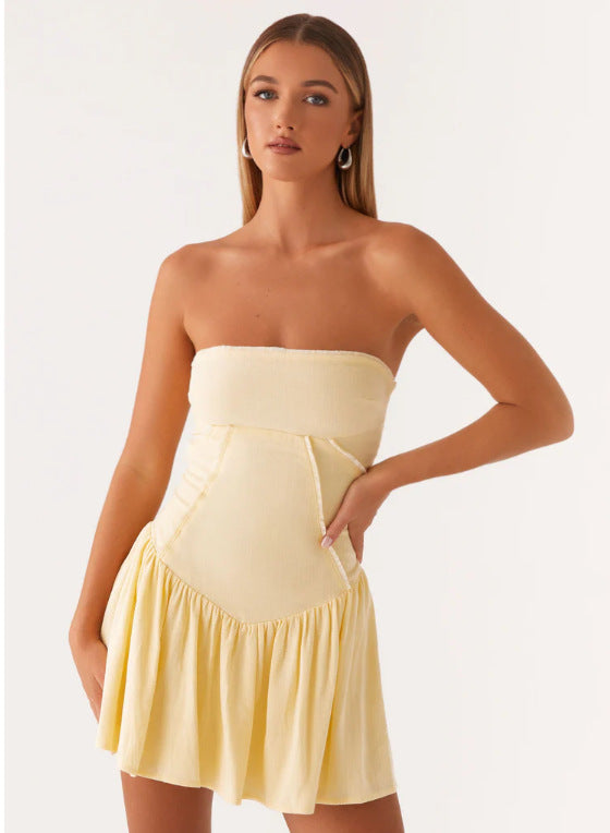 European and American New Amazon Hot Style Women's Pure Color Splicing Sexy and Playful Tube Top Backless Dress Short Skirt