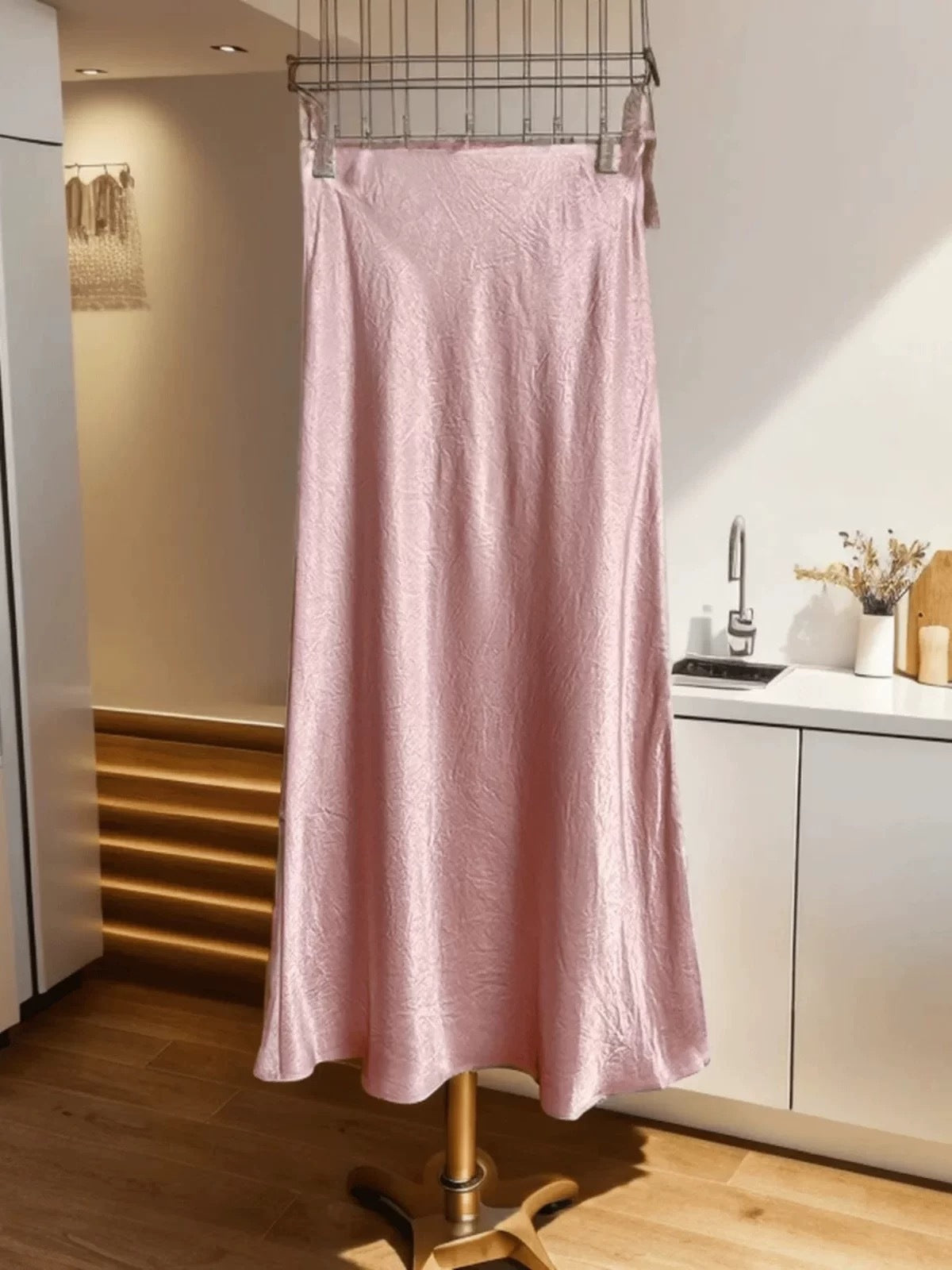 Imported Triacetate Satin 45 ° Bias-Cut Side Slit Extra-Long Floor-Length A-Line Fishtail Elastic Waist Skirt for Women