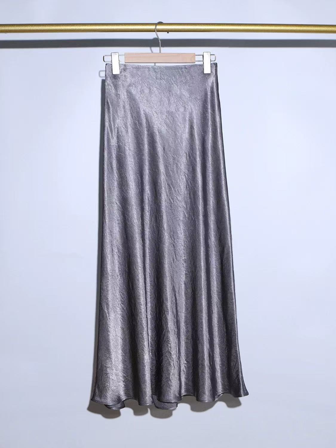 Imported Triacetate Satin 45 ° Bias-Cut Side Slit Extra-Long Floor-Length A-Line Fishtail Elastic Waist Skirt for Women