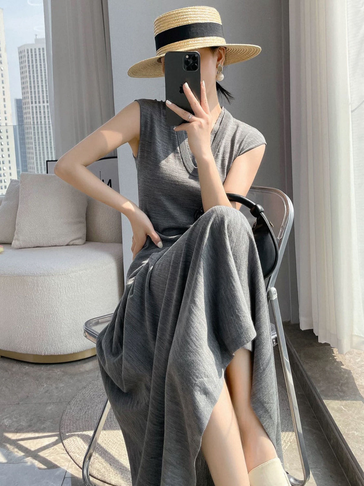 Elegant Imitation 100% Pure Wool Dress for Women, Summer 2025 New Style, Petite Waist-Cinching Slimming Long Dress