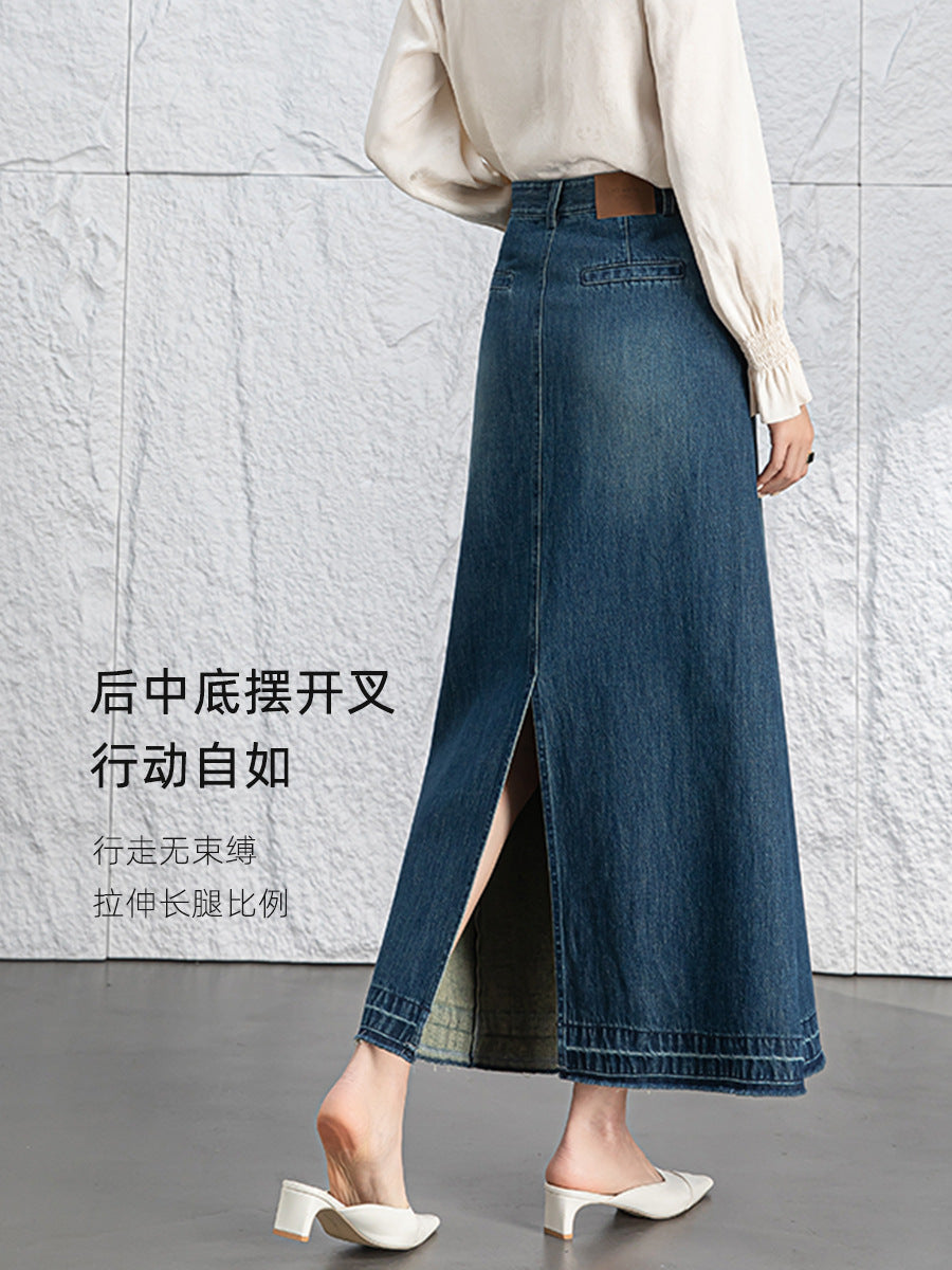 Xinge High Waist Retro Tencel Denim Skirt Spring New Slimming Split Rouge Dress for Children